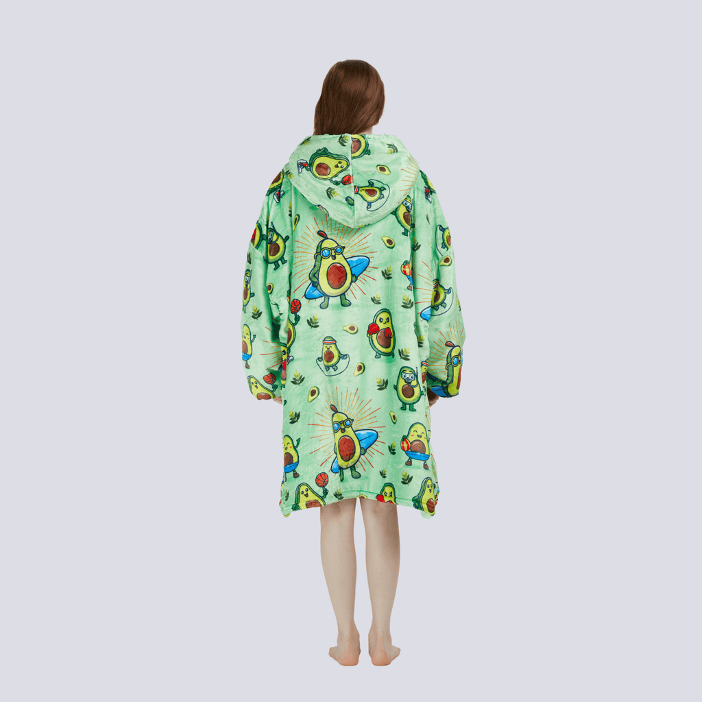 Back view of the Avocado Wrap adult hoodie blanket, displaying the full avocado print design and oversized length.