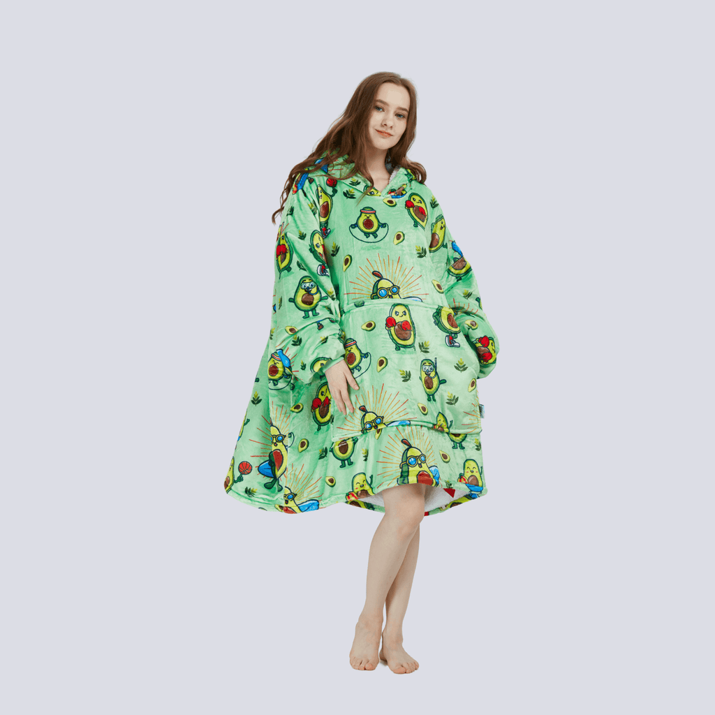 Front view of the Avocado Wrap adult hoodie blanket, showing the design and large kangaroo pocket.