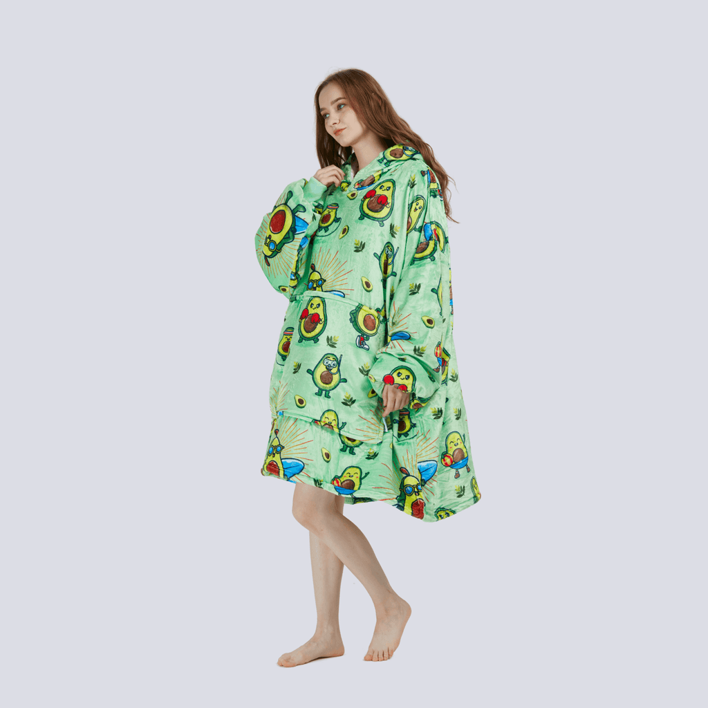 Side view of the Avocado Wrap adult hoodie blanket, highlighting length past the knees and plush fabric.