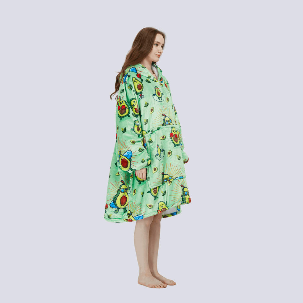 Right side view of the Avocado Wrap adult hoodie blanket, showing comfortable oversized style and avocado pattern.