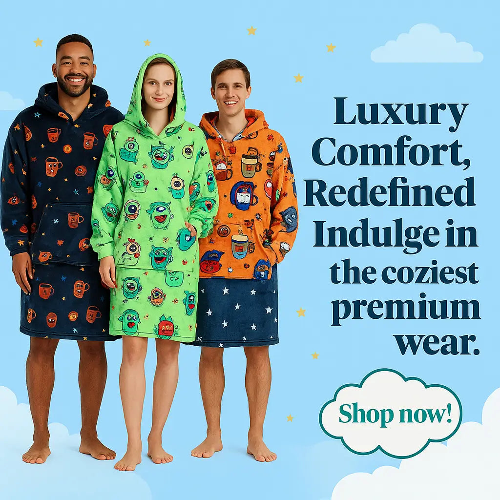 three people wearing cozy, oversized hoodie blankets in Hoodie Haven prints with a cartoon cloud background and a ‘Shop Now’ button”