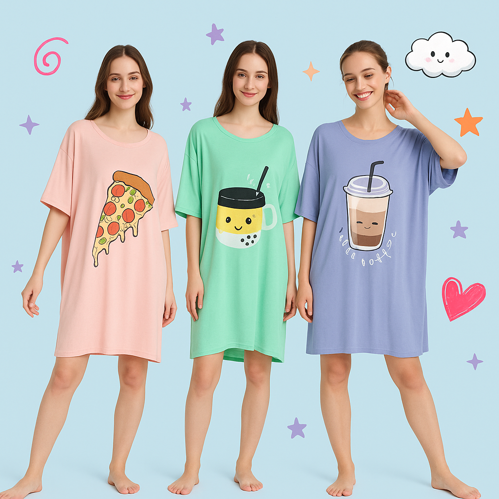Three people wearing oversized sleep tees with pizza, bubble tea, and iced coffee prints – Hoodie Haven nightwear collection