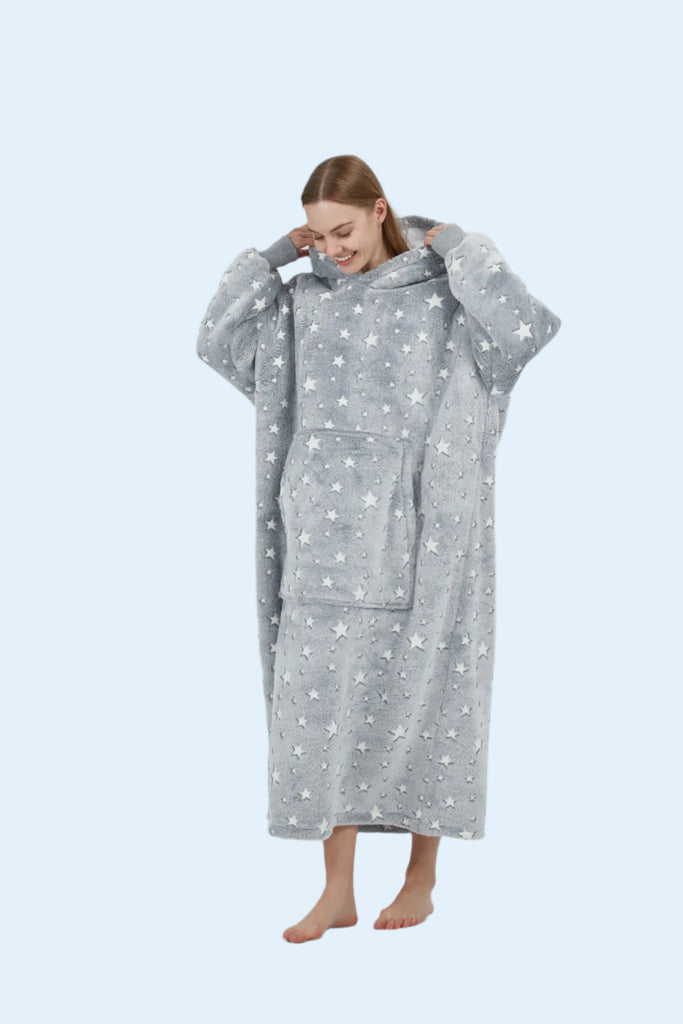  Model smiling with hands on hood. long grey starry hoodie blanket.
