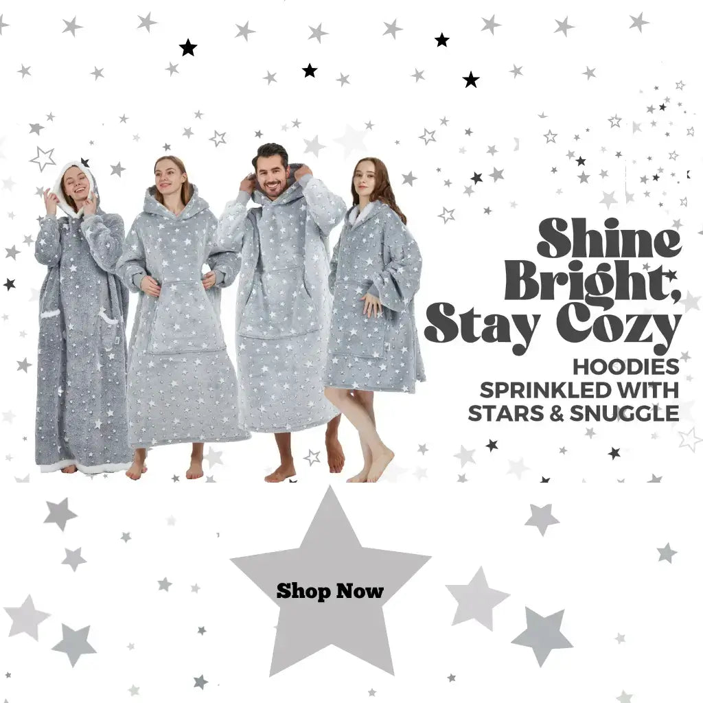 Four adults wearing grey star-print wearable blanket hoodies from Hoodie Haven, standing on a white background with scattered stars and a “Shop Now” callout.