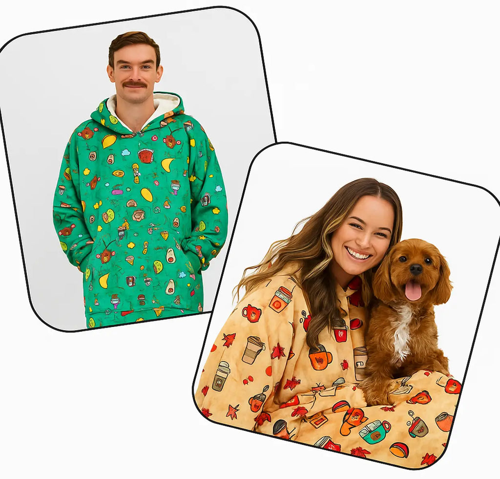 Two models wearing oversized hoodie blankets in Coffee Bean Bash and Taco Fiesta prints – playful and cozy styles by Hoodie Haven
