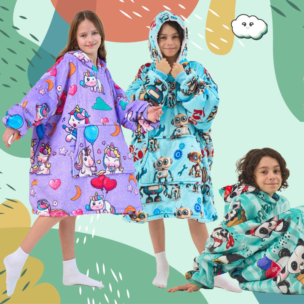 Wearable hoodie blankets for kids – soft, colorful, and cozy fleece comfort