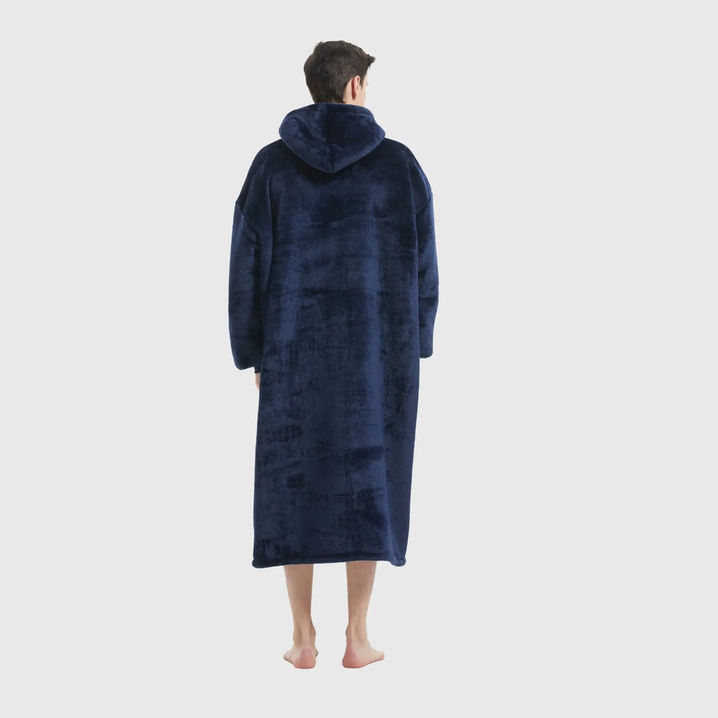 Back view of Hoodie Haven navy wearable blanket showing full coverage
