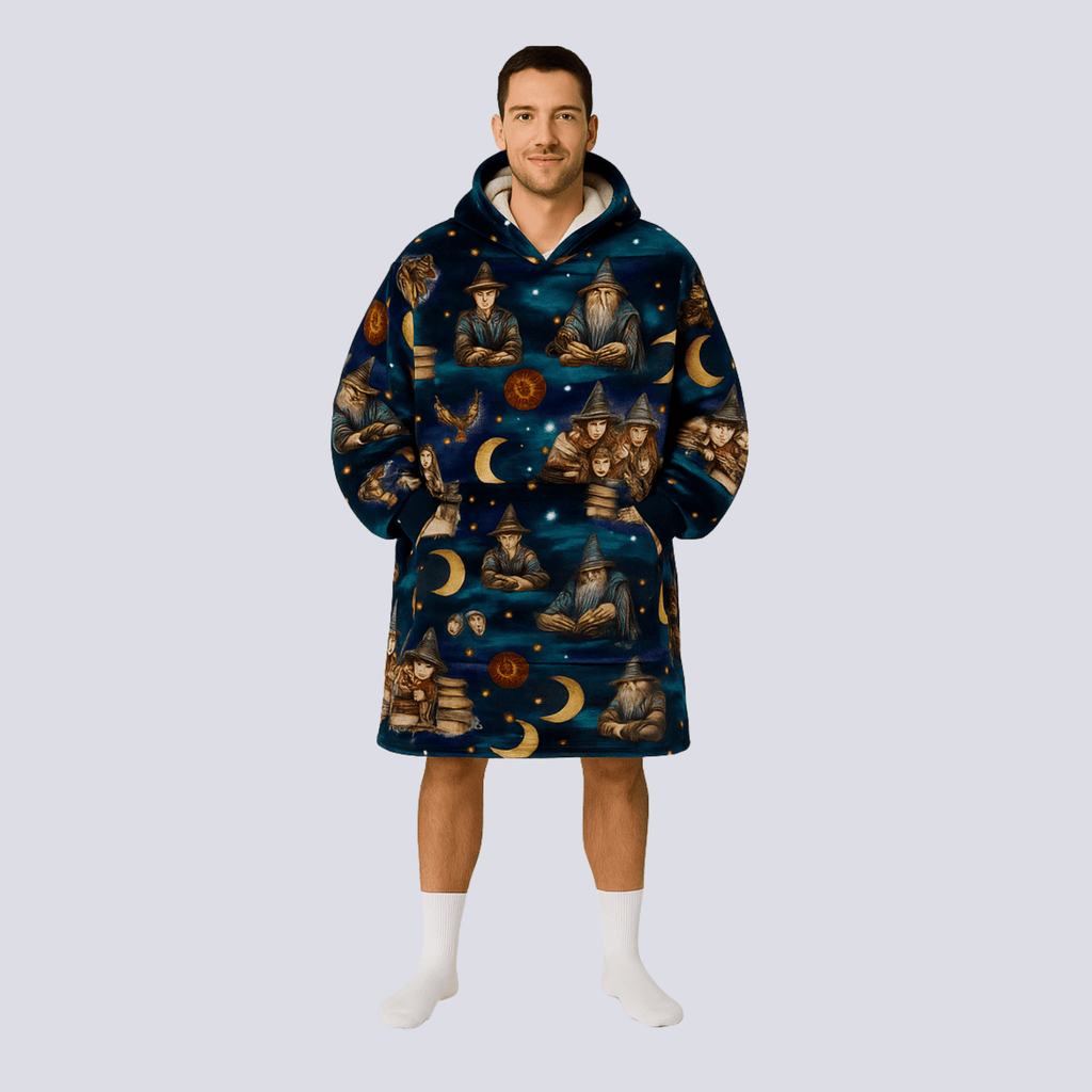 Front view of Wise Wizard Warrior 96 cm oversized hoodie blanket showing full length and plush fleece design.