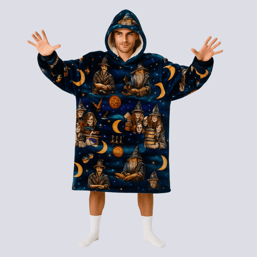 Playful wizard pose showing adult model casting a spell in Wise Wizard Warrior oversized hoodie blanket.